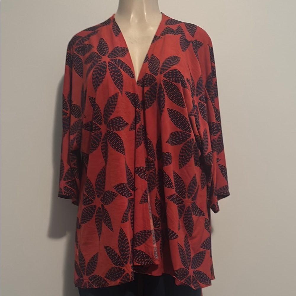 LULAROE Lindsay Cardigan Size M Burnt Orange Navy Blue Geometric Kimono Drape